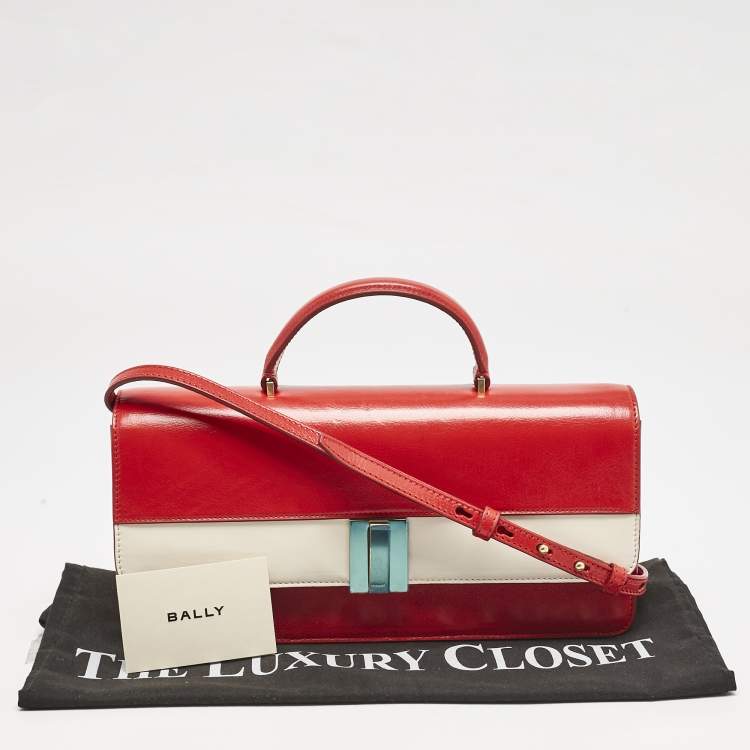 Pre Owned Bally Red/White Leather East/West Ollam Brief Top Handle Bag