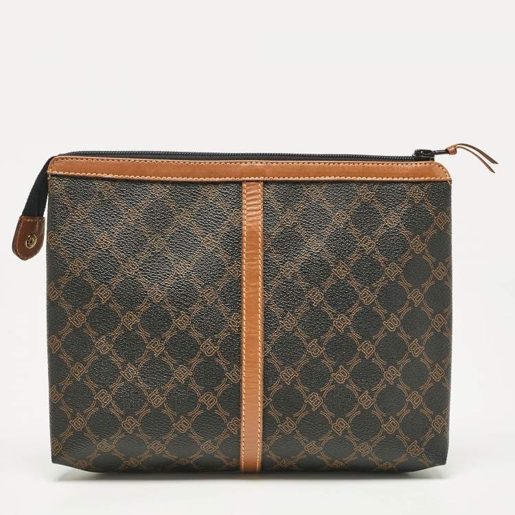 Pre Owned Bally Black/Brown Monogram Coated Canvas and Leather Zip Pouch