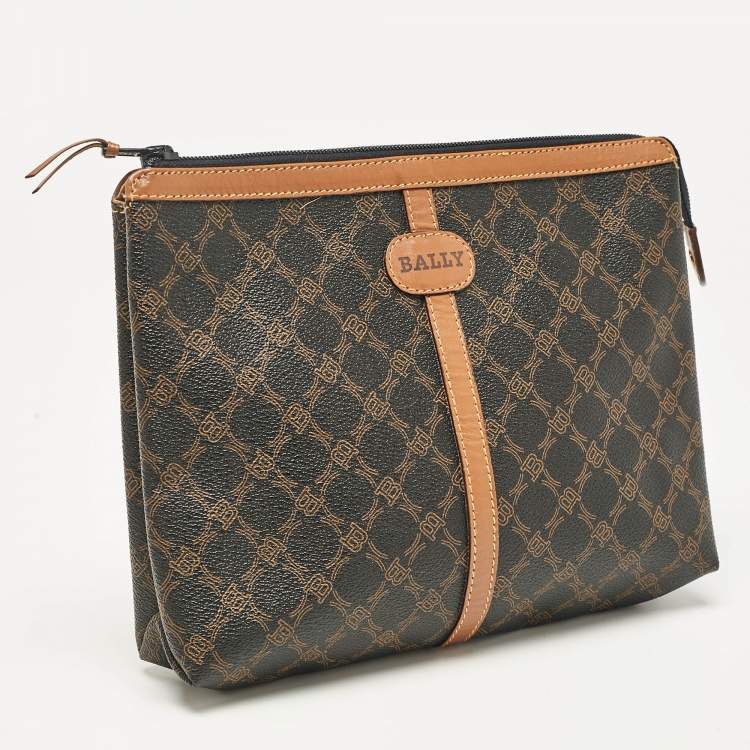 Pre Owned Bally Black/Brown Monogram Coated Canvas and Leather Zip Pouch