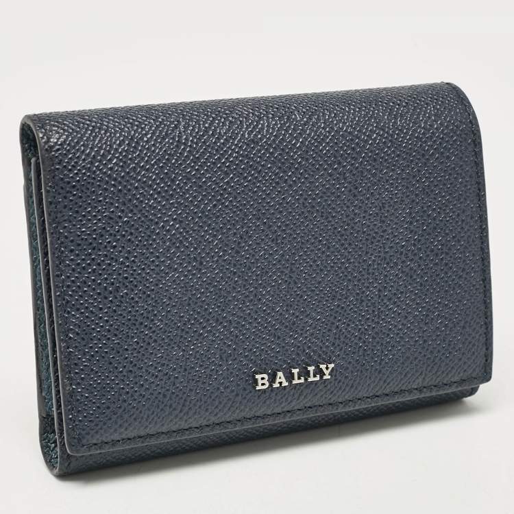 Pre Owned Bally Navy Blue Leather Logo Trifold Wallet