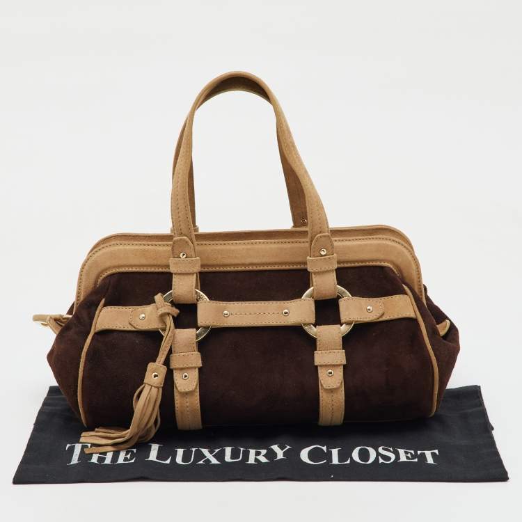 Pre Owned Bally Dark Brown/Beige Suede Tassel Frame Satchel