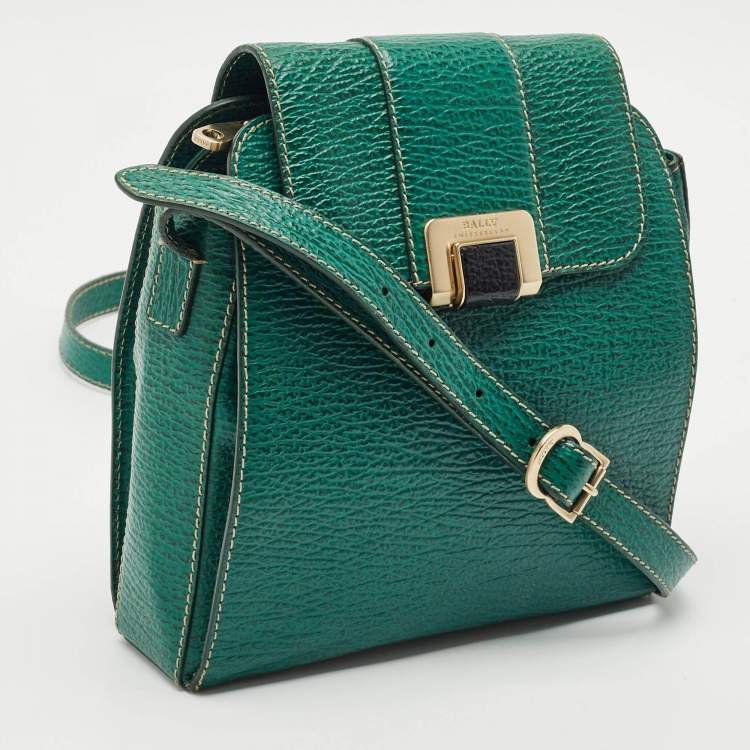 Pre Owned Bally Green Grained Leather Flap Crossbody Bag