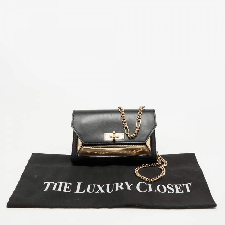 Pre Owned Bally Black/Gold Leather Suzy Chain Clutch