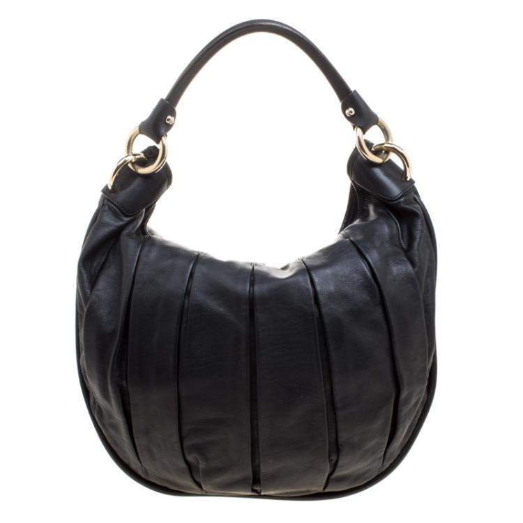 Pre Owned Bally Black Pleated Leather Multi Zip Hobo