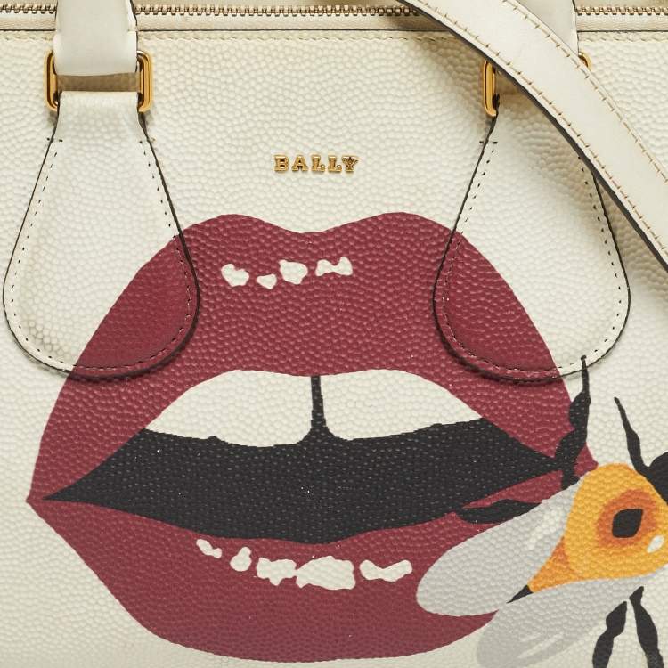 Pre Owned Bally White Leather Berekely Lip Print Bag