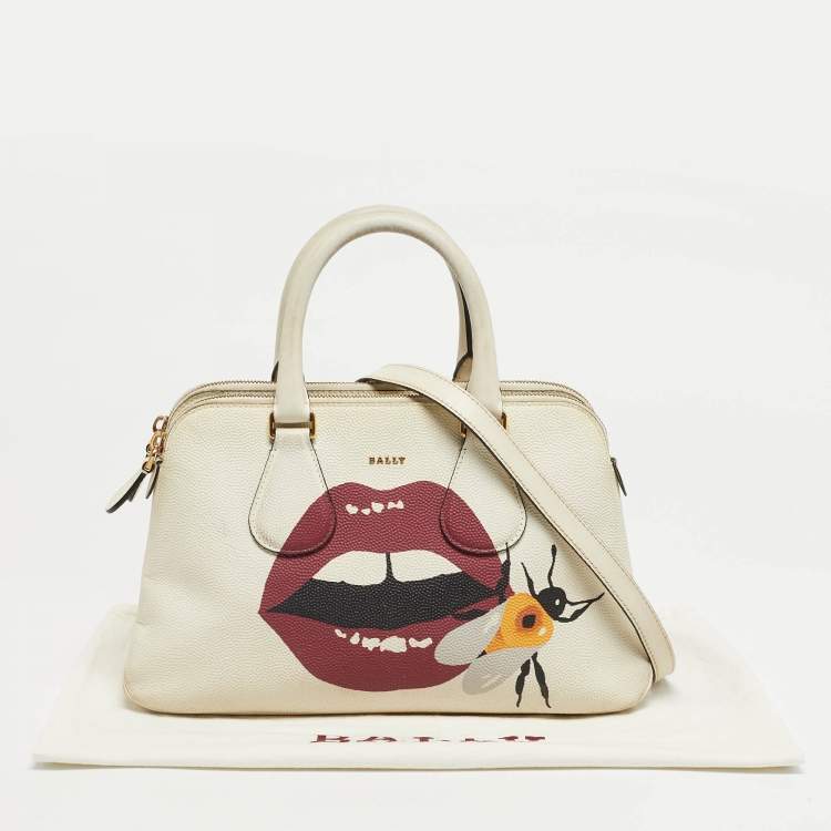 Pre Owned Bally White Leather Berekely Lip Print Bag