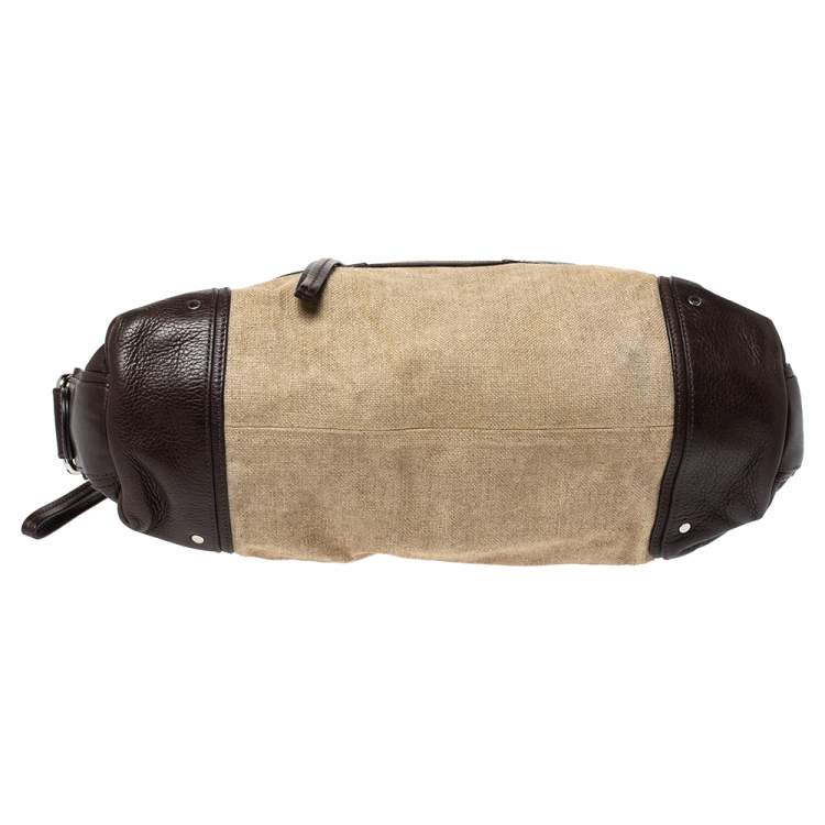 Pre Owned Bally Beige/Brown Canvas and Leather Zip Pocket Satchel