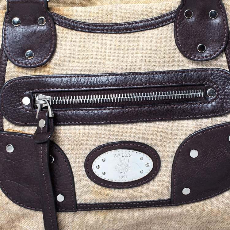 Pre Owned Bally Beige/Brown Canvas and Leather Zip Pocket Satchel