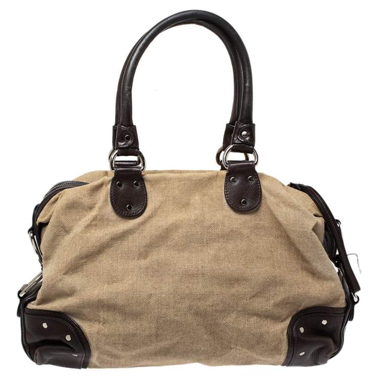 Pre Owned Bally Beige/Brown Canvas and Leather Zip Pocket Satchel