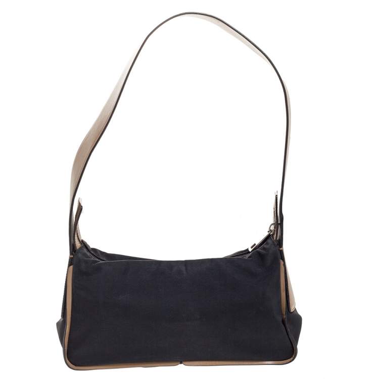 Pre Owned Bally Black/Beige Nylon and Leather Baguette Bag