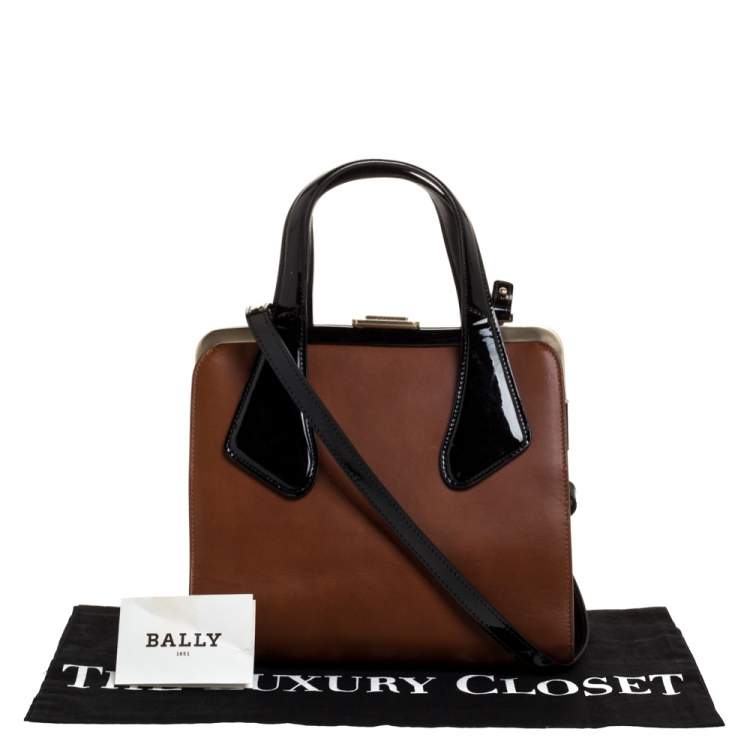 Pre Owned Bally Brown/Black Leather and Patent Leather Frame Top Handle Bag