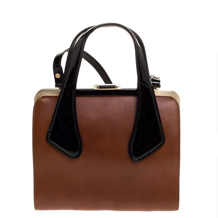 Pre Owned Bally Brown/Black Leather and Patent Leather Frame Top Handle Bag