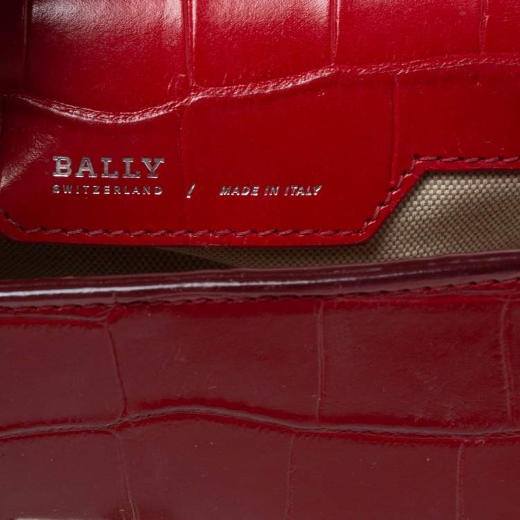 Pre Owned Bally Red Croc Embossed Leather Flap Shoulder Bag