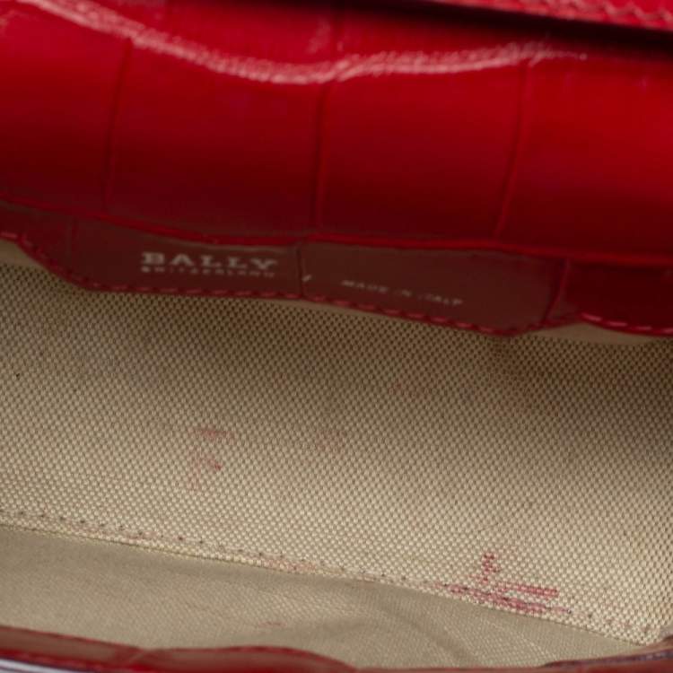 Pre Owned Bally Red Croc Embossed Leather Flap Shoulder Bag