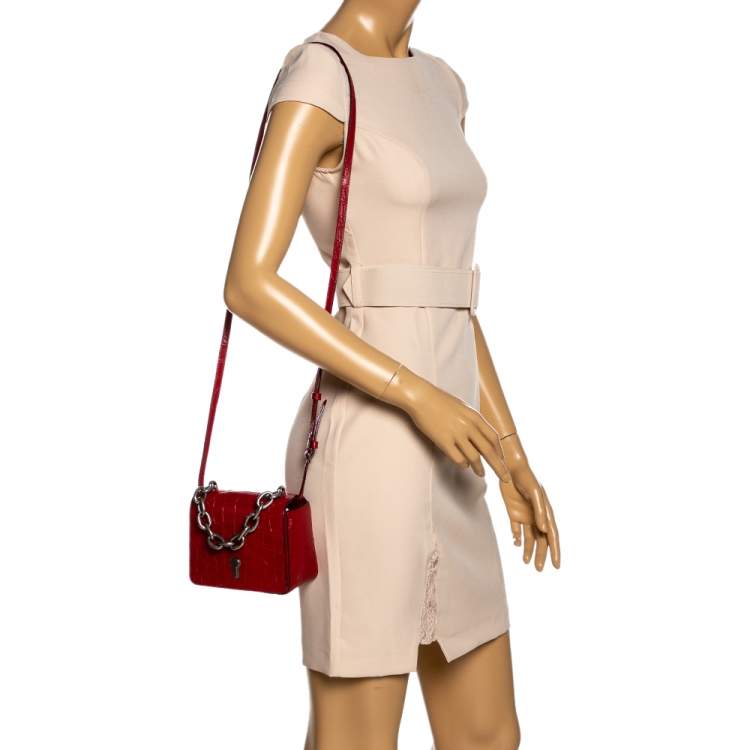 Guess Womens Croc Shoulder Bag Handbag Purse Luxury With Chain Strap Beige