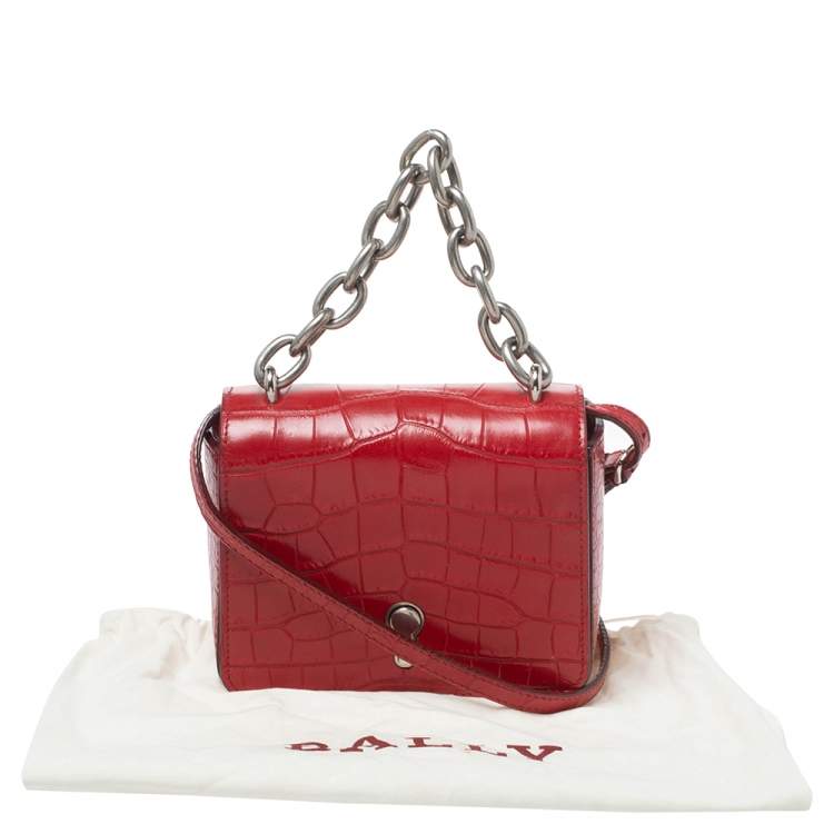 Pre Owned Bally Red Croc Embossed Leather Flap Shoulder Bag