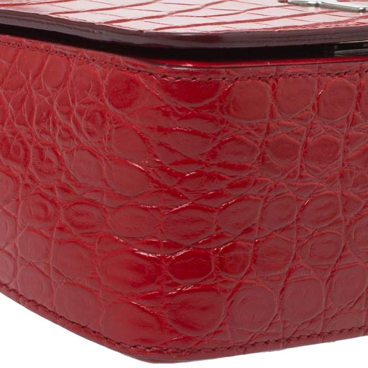 Pre Owned Bally Red Croc Embossed Leather Flap Shoulder Bag