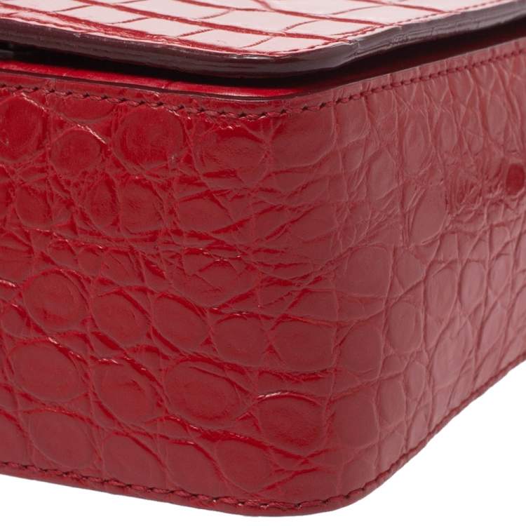 Pre Owned Bally Red Croc Embossed Leather Flap Shoulder Bag