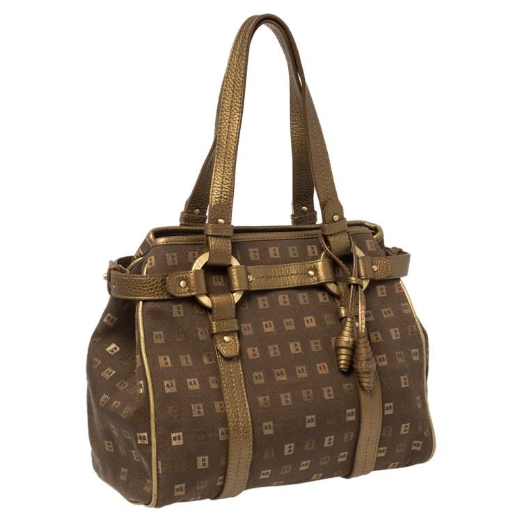 Pre Owned Bally Brown/Gold Canvas and Leather Satchel