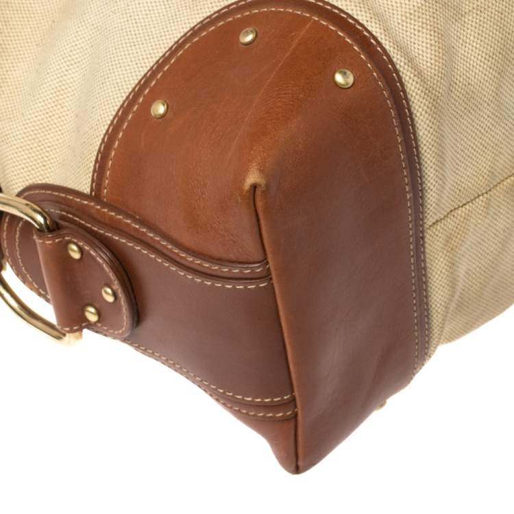 Pre Owned Bally Beige/Brown Canvas and Leather Zip Pocket Satchel