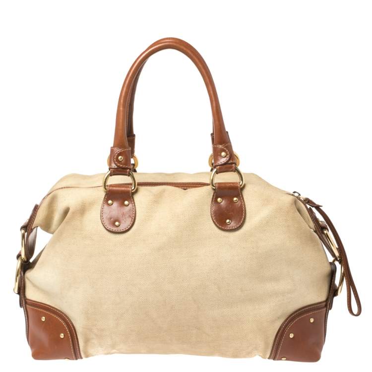 Pre Owned Bally Beige/Brown Canvas and Leather Zip Pocket Satchel