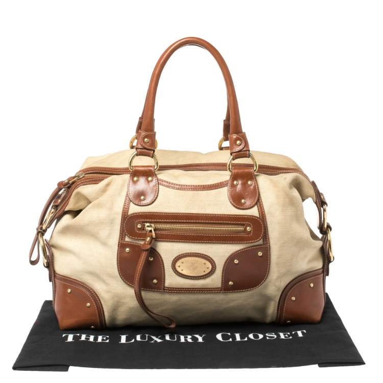 Pre Owned Bally Beige/Brown Canvas and Leather Zip Pocket Satchel