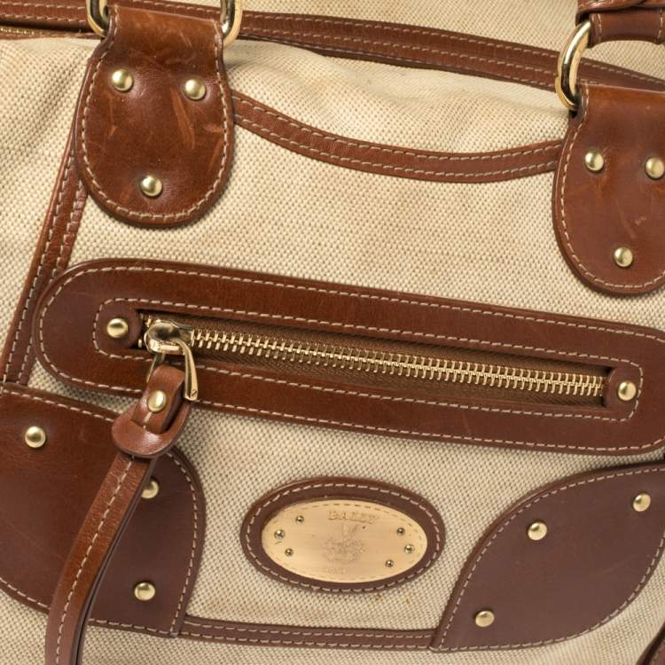 Pre Owned Bally Beige/Brown Canvas and Leather Zip Pocket Satchel