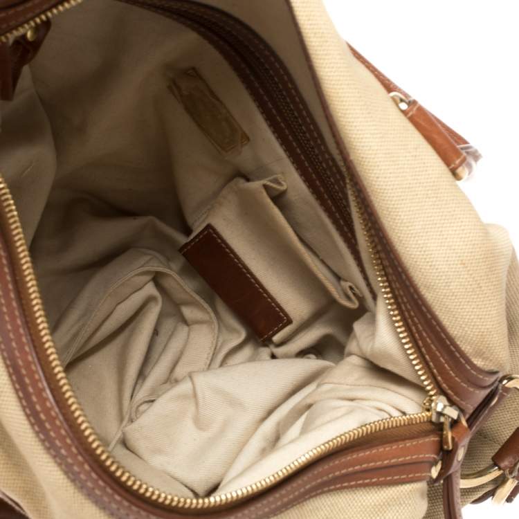 Pre Owned Bally Beige/Brown Canvas and Leather Zip Pocket Satchel