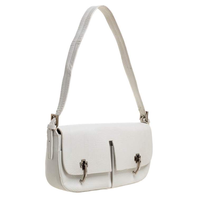 Pre Owned Bally White Textured Leather Double Pocket Flap Shoulder Bag