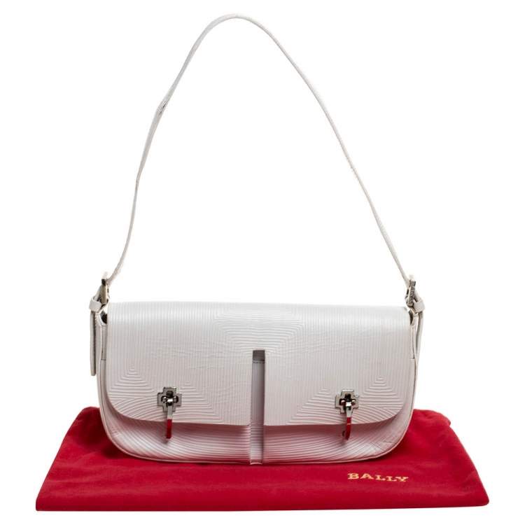 Pre Owned Bally White Textured Leather Double Pocket Flap Shoulder Bag