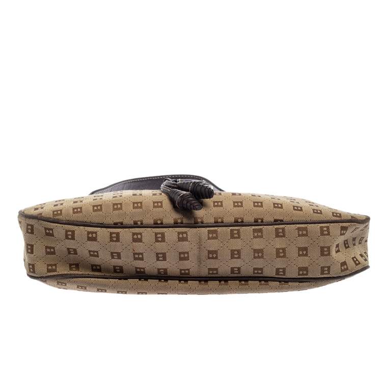 Pre Owned Bally Brown/Beige Monogram Canvas and  Leather Flap Hobo