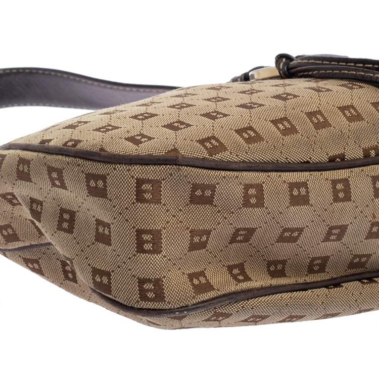 Pre Owned Bally Brown/Beige Monogram Canvas and  Leather Flap Hobo