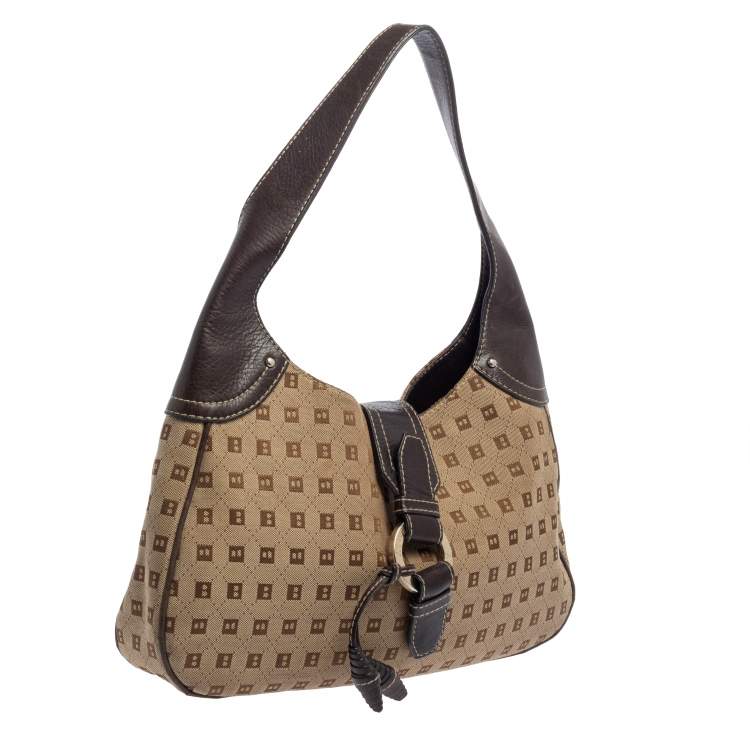Pre Owned Bally Brown/Beige Monogram Canvas and  Leather Flap Hobo