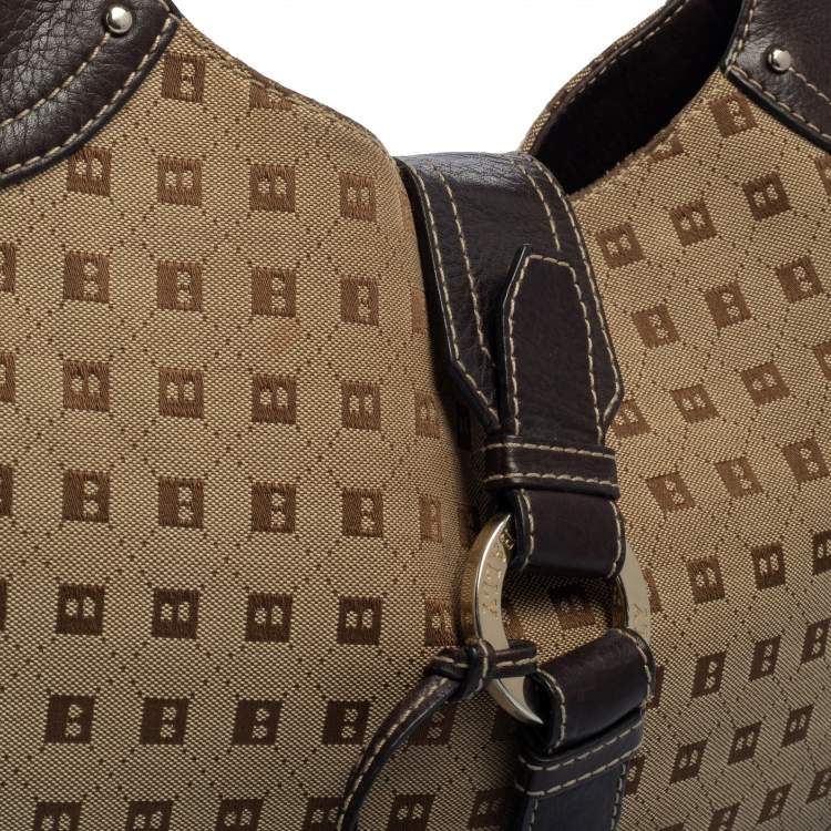 Pre Owned Bally Brown/Beige Monogram Canvas and  Leather Flap Hobo
