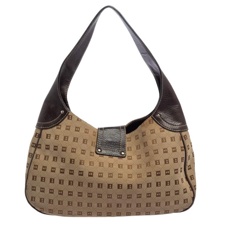 Pre Owned Bally Brown/Beige Monogram Canvas and  Leather Flap Hobo