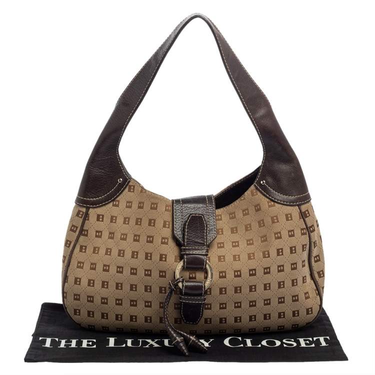 Pre Owned Bally Brown/Beige Monogram Canvas and  Leather Flap Hobo
