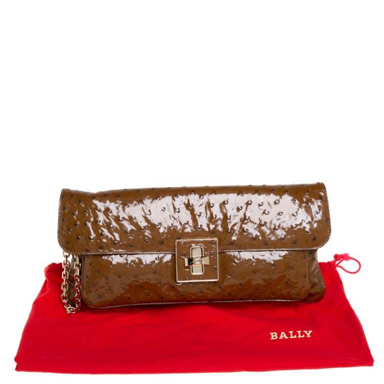 Pre Owned Bally Brown Ostrich Flap Chain Clutch