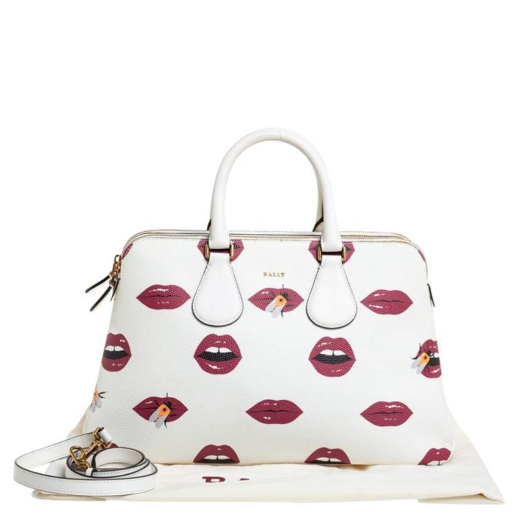 Pre Owned Bally White Lip Print Leather Berkeley Double Zip Tote