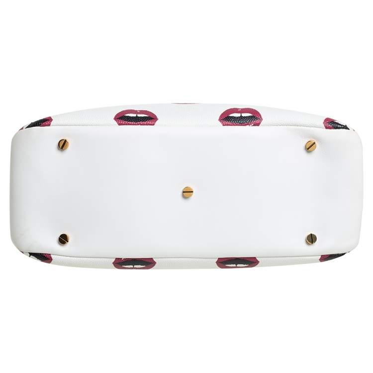 Pre Owned Bally White Lip Print Leather Berkeley Double Zip Tote