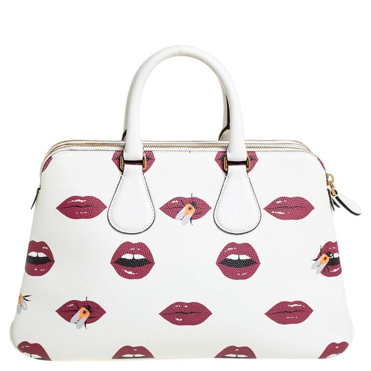 Pre Owned Bally White Lip Print Leather Berkeley Double Zip Tote