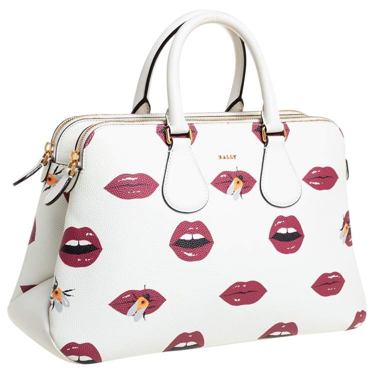 Pre Owned Bally White Lip Print Leather Berkeley Double Zip Tote