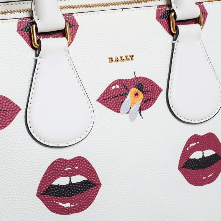 Pre Owned Bally White Lip Print Leather Berkeley Double Zip Tote