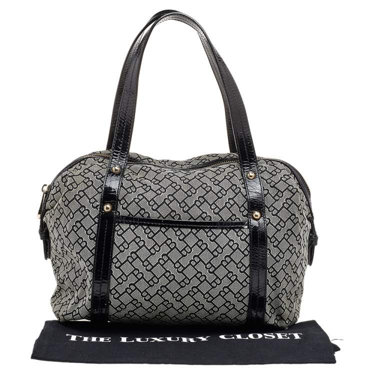 Pre Owned Bally Grey /Black Patent Leather And Canvas Satchel