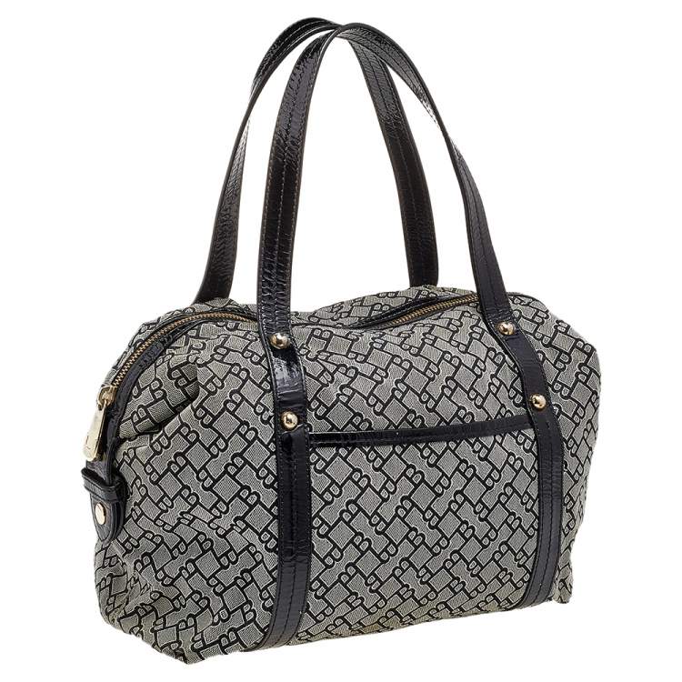 Pre Owned Bally Grey /Black Patent Leather And Canvas Satchel