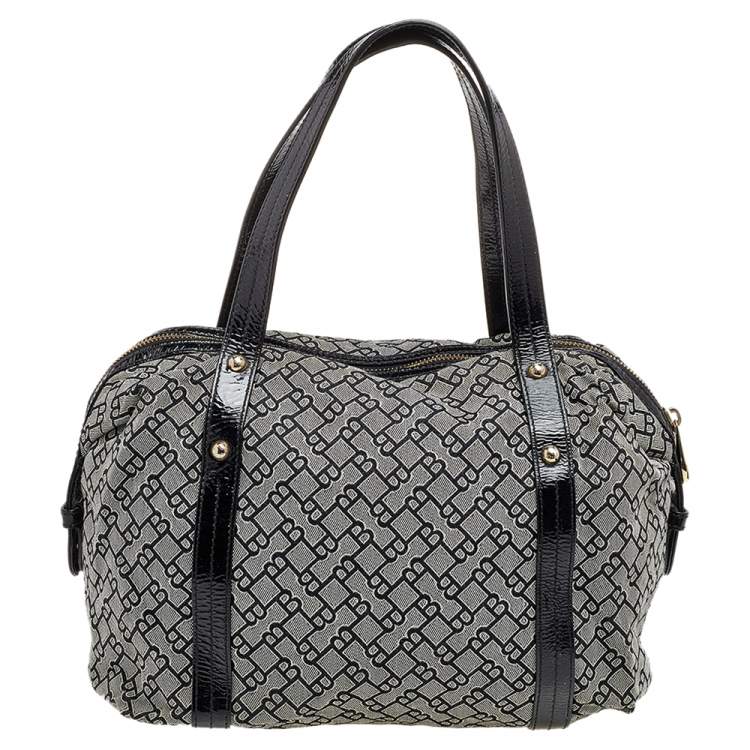 Pre Owned Bally Grey /Black Patent Leather And Canvas Satchel