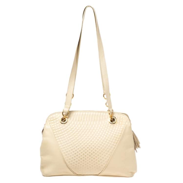 Pre Owned Bally Cream Quilted Leather Fringe Shoulder Bag