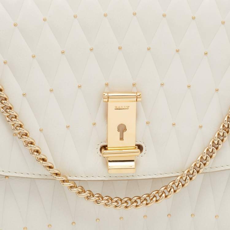 Pre Owned Bally Cream Quilted Leather Embellished Top Handle Bag