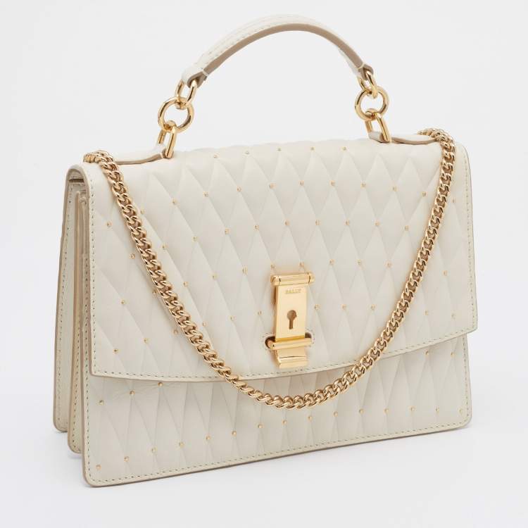 Pre Owned Bally Cream Quilted Leather Embellished Top Handle Bag