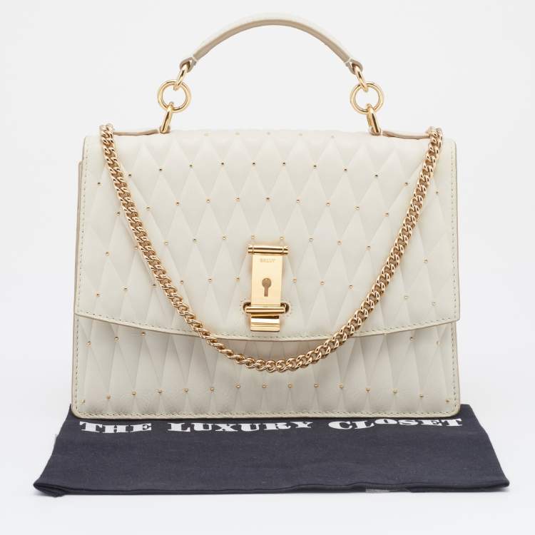 Pre Owned Bally Cream Quilted Leather Embellished Top Handle Bag