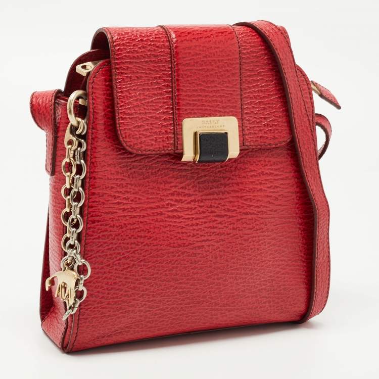 Pre Owned Bally Red Textured Leather Flap Crossbody Bag